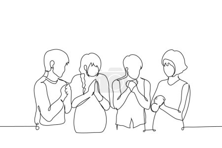 men and women stand with their palms folded in a praying gesture - one line art vector. hand drawn illustration of different gender people praying, saying affirmations or mantra