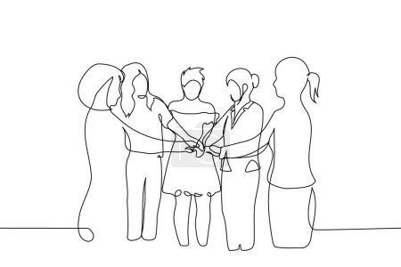group of five women stand with their hands extended to the center all together one line art vector. Hand-drawn sketch illustration. concept of women's solidarity, feminism