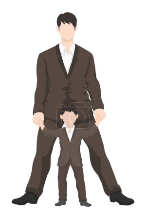 Asian father and son in suits stand next to each other holding hands - simple vector style. businessman with son