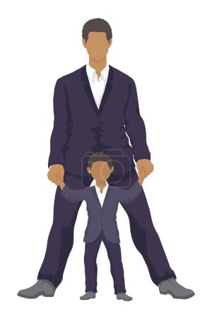Black father and son in suits stand next to each other holding hands - simple vector style. businessman with son