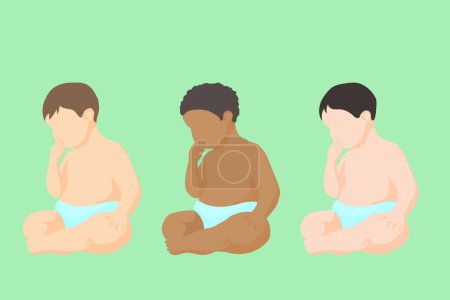 Kaukasische, schwarze und asiatische Babys in Windeln sitzen und an seinen eigenen Fingern saugen. Set sitzender Kinder verschiedener Rassen einfacher Vektorstil in Silhouette