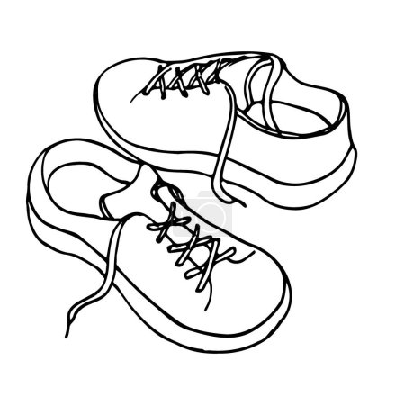 Illustration for Outline drawing of sneakers with untied laces, which were removed nearby. hand drawn illustration of women's minimalist lace-up shoes - Royalty Free Image