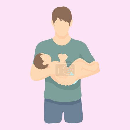 Caucasian brown haired man stands carefully holding his baby in a diaper. simple vector style in realistic silhouette without face. half height portrait