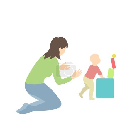 Femme caucasienne s'occupe d'un enfant grimpant une montagne de jouets. style vectoriel simple dans une silhouette réaliste sans visage. nounou blanche ou maman passe du temps avec bébé