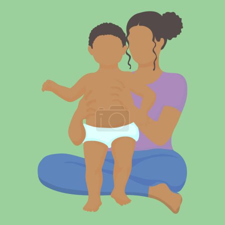 black woman sits cross-legged on the floor and supports a child walking in a diaper. simple vector style in realistic silhouette without face. baby's first steps
