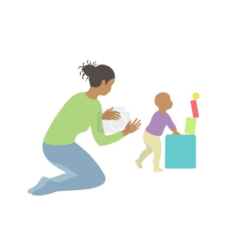 a black woman looks after a child climbing a mountain of toys. simple vector style in realistic silhouette without face. white nanny or mom spends time with baby