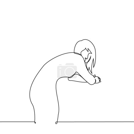 woman stands leaning forward leaning on crossed elbows and turned around and looks at the camera - one line art vector. concept lonely woman standing, hunched back