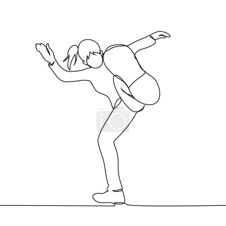 woman kicks his foot at the camera - one line art vector. concept aggressively raised her leg to kick