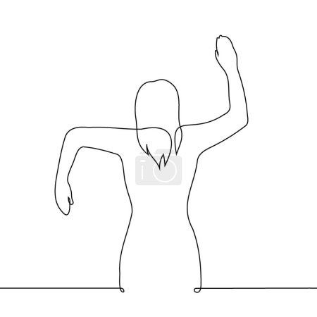 Téléchargez les illustrations : Femme se tient debout les bras tendus sur les côtés et les coudes pliés, la main droite vers le haut, la main gauche vers le bas. un vecteur de ligne art. gestes conceptuels, exercices manuels, envoi de signes et de signaux contradictoires - en licence libre de droit