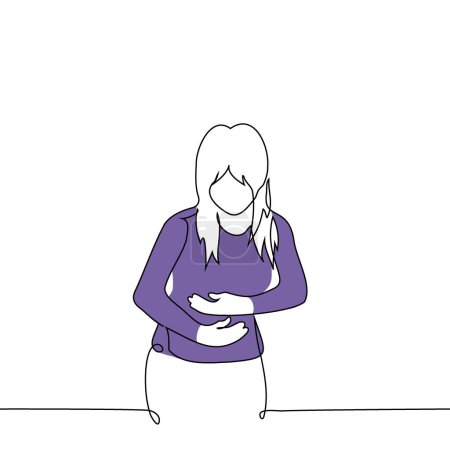 woman stands with both hands holding her stomach - one line art vector. concept of menstrual pain, attack of pain, discomfort in the abdomen or spasm