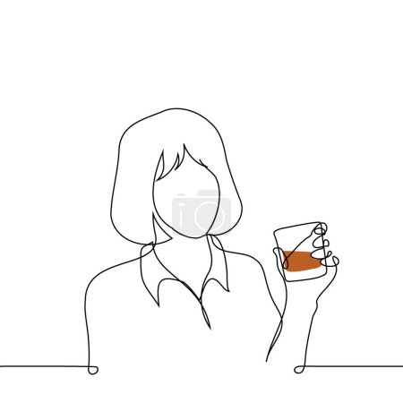Frau sitzt mit einem erhobenen Glas Whisky - ein Zeilenkunstvektor. Konzepttrinken allein, Whisky-Kenner ohne Eis