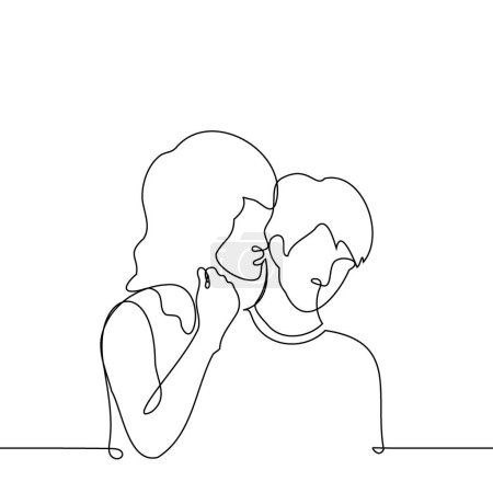 woman whispers in man ear standing behind him - one line art vector. concept of friends gossiping, couple flirting and seducing