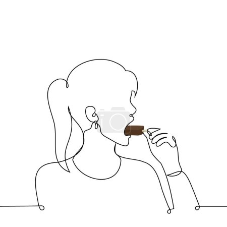 woman eats ice cream on a stick in big bites, stuffing it into her mouth - one line art vector. concept eating ice cream greedily.