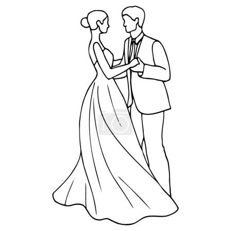 la novia y el novio bailan en longitud completa. esbozar ilustración de la boda