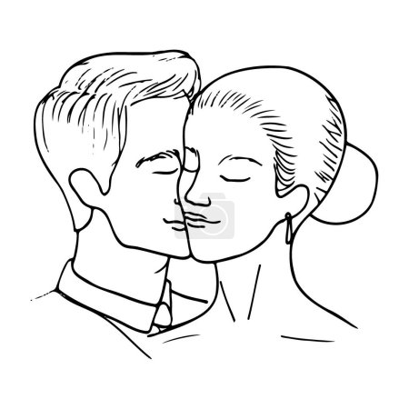 male and female heads with closed eyes pressed against each other. contour wedding illustration of a happy and loving bride and groom