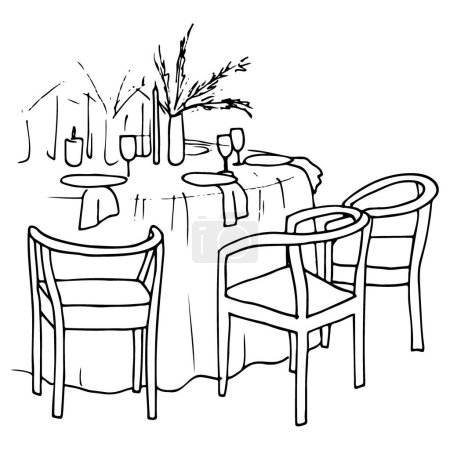 Zeichnung eines handgezeichneten runden Tisches für Gäste und leere Stühle. Umriss Illustration einer Hochzeit oder eines anderen festlichen besonderen Ereignisses