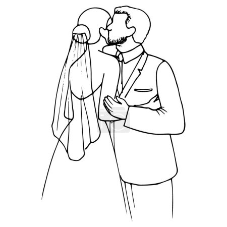 Illustration for Bearded father or groom kisses the bride on the cheek, they hug. outline wedding illustration - Royalty Free Image