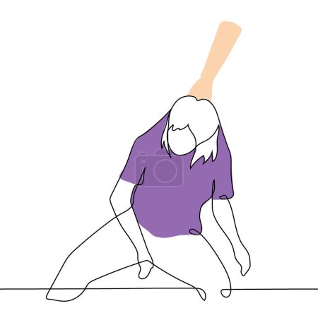 woman is pulled by the collar of his T-shirt from behind - one line art vector. concept of laziness, procrastination, passivity, apathy, forcing to work, bothering