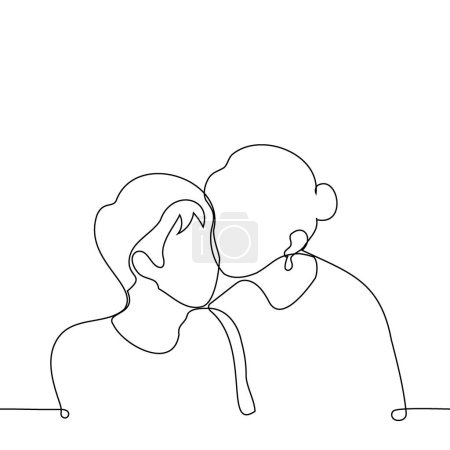 woman kisses man on the cheek - one line art vector. concept chaste kiss, relatives, congratulations