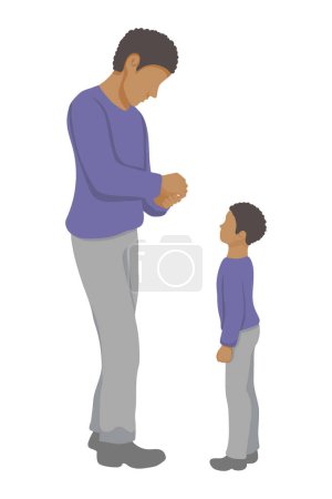 Illustration for Black father in full growth doing something with his hands, his son stands nearby and looks and waits - simple vector style. father and son - Royalty Free Image