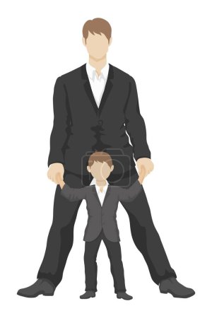 Caucasian father and son in suits stand next to each other holding hands - simple vector style. businessman with son
