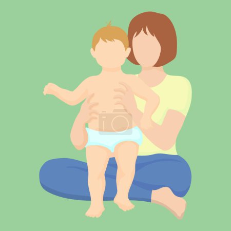 Caucasian red-haired woman sits cross-legged on the floor and supports a child walking in a diaper. simple vector style in realistic silhouette without face. baby's first steps