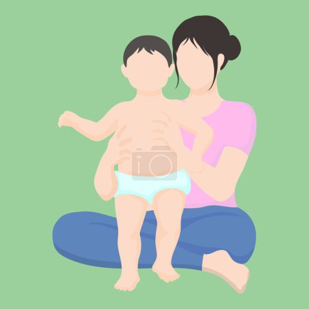 Asian woman sits cross-legged on the floor and supports a child walking in a diaper. simple vector style in realistic silhouette without face. baby's first steps