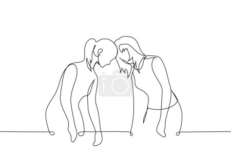 women standing resting their foreheads against each other - one line art vector. concept homosexual couple or female friends in confrontation or conflict, hardheaded or stubborn people