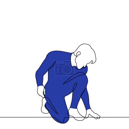 superhéroe en un traje azul inclinándose en una postura heroica baja - vector de arte de una línea. concepto hombre atleta o hombre fuerte