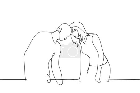 man and woman standing resting their foreheads against each other - one line art vector. concept heterosexual couple in confrontation or conflict, hardheaded or stubborn people