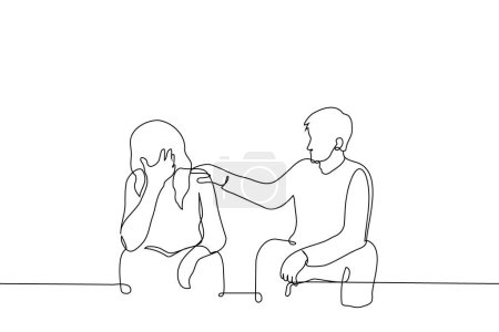 homme console une femme bouleversée assise à côté d'elle un vecteur d'art de ligne. concept homme mettre la main sur l'épaule des femmes qui a couvert les yeux avec sa main et s'assied à côté de lui