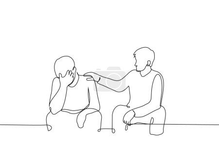 man consoles an upset man sitting next to her - one line art vector. concept man put hand on the shoulder of man who covered eyes with his hand and sits next to him
