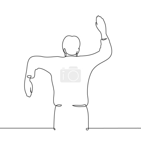 Téléchargez les illustrations : Homme se tient avec les bras tendus sur les côtés et les coudes pliés, main droite vers le haut, main gauche vers le bas. un vecteur de ligne art. gestes conceptuels, exercices manuels, envoi de signes et de signaux contradictoires - en licence libre de droit