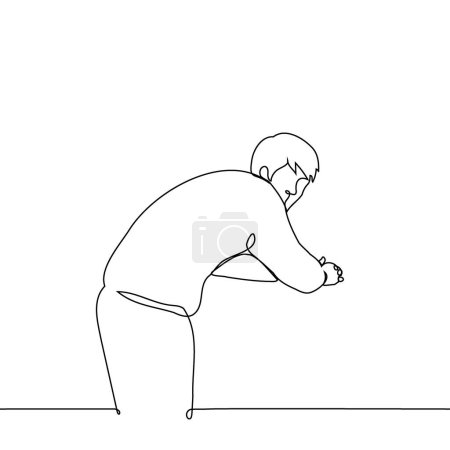 man stands leaning forward leaning on crossed elbows and turned around and looks at the camera - one line art vector. concept lonely man standing, hunched back