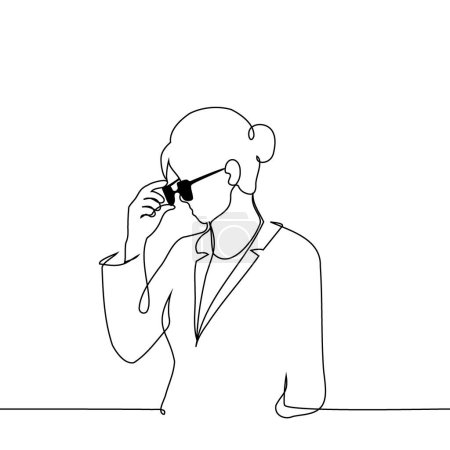 woman in a suit puts on or takes off sunglasses - one line art vector. businesswoman concept with glasses