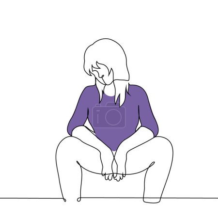 woman sits with her legs spread wide apart, resting elbows on her hips and lowering head - one line art vector. concept of fatigue, sadness, apathy, burnout