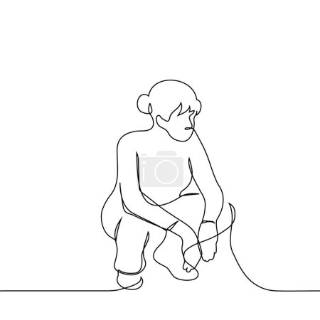 mujer con un moño en la cabeza se sienta en sus garras apoyando sus codos en sus rodillas - vector de arte de una línea. concepto de fatiga, okupa