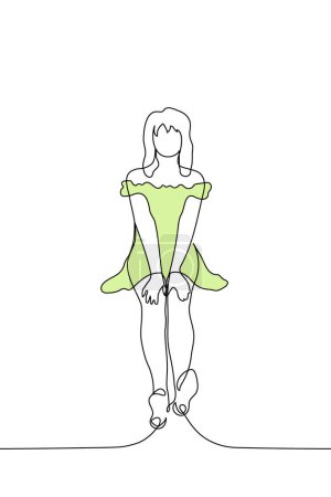 mujer sentada en un vestido verde con hombros abiertos y caídos con palmas en las rodillas - vector de arte de una línea