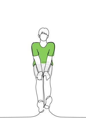 hombre sentado en una camiseta verde con palmas en las rodillas - vector de arte de una línea