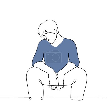 man sits with his legs spread wide apart, resting his elbows on his hips and lowering his head - one line art vector. concept of fatigue, sadness, apathy, burnout