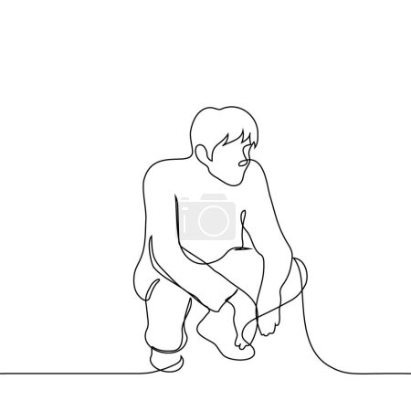 man with sits on his haunches resting his elbows on  knees - one line art vector. concept of fatigue, squat