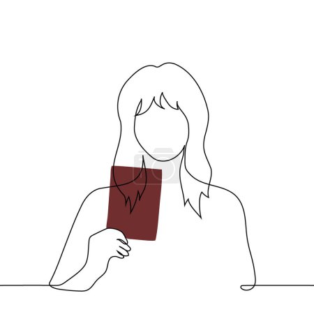woman holding burgundy passport or notepad in A6 size - one line art vector