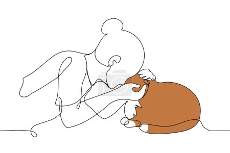 female cat lover petting ginger cat - one line art vector. concept woman petting cat pet