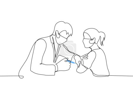 male medic giving a vaccination in the shoulder to a woman - one line art vector. concept of men in medicine, vaccination for women