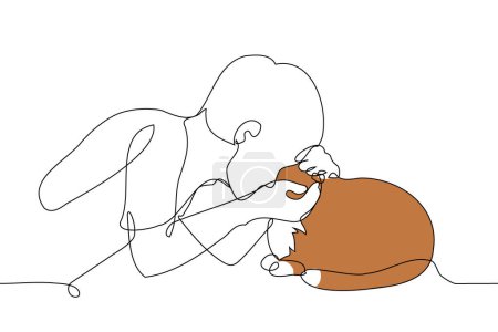 male cat lover petting ginger cat - one line art vector. concept man petting cat pet