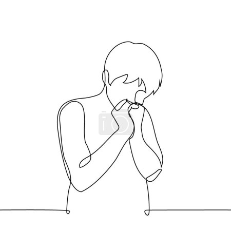 an puts his hands to his face in a praying gesture - one line vector. concept desperately wishing, praying, affirmations