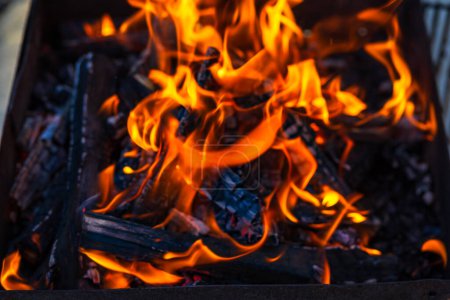 Holzhackschnitzel zu Kohle verbrennen. Grillzubereitung, Feuer vor dem Kochen.