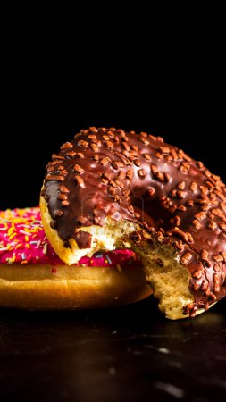Frisch leckere farbige Donuts mit Streusel auf schwarzem Hintergrund