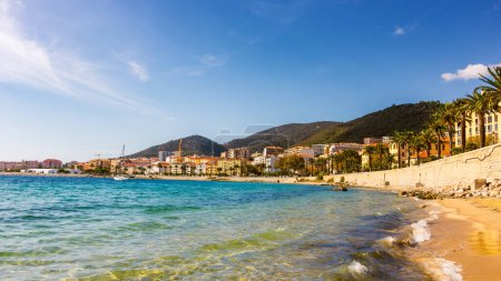 Ajaccio public beach, summer landscape of Corsica Island, France