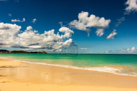 Plage des Caraïbes avec sable blanc, ciel bleu profond et eau turquoise